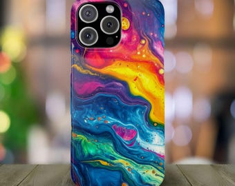 Rainbow Abstract liquid art Snap Phone Cases Sleek slim design protective case, Matte and Glossy shell iPhone Samsung wireless charging