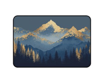 Blue Mountain Woodblock Desk Mat | Scenic Mountain Landscape Gaming Mouse Pad, Office Accessory, Gaming Gift, Desk Decor, Extended Mousepad