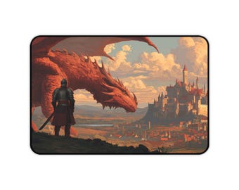 Desk Mat - Dragon Warrior Knight, Medieval DND Games, Gaming Mouse Pad, Table Protector, Office Desk Accessory, Fantasy Table Mat