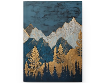 Carnet de notes Mountain à couverture rigide - Forêt d'or, carnet de notes bleu ciel, journal d'écriture esthétique, cadeau inspiré de la nature pour écrivains et étudiants