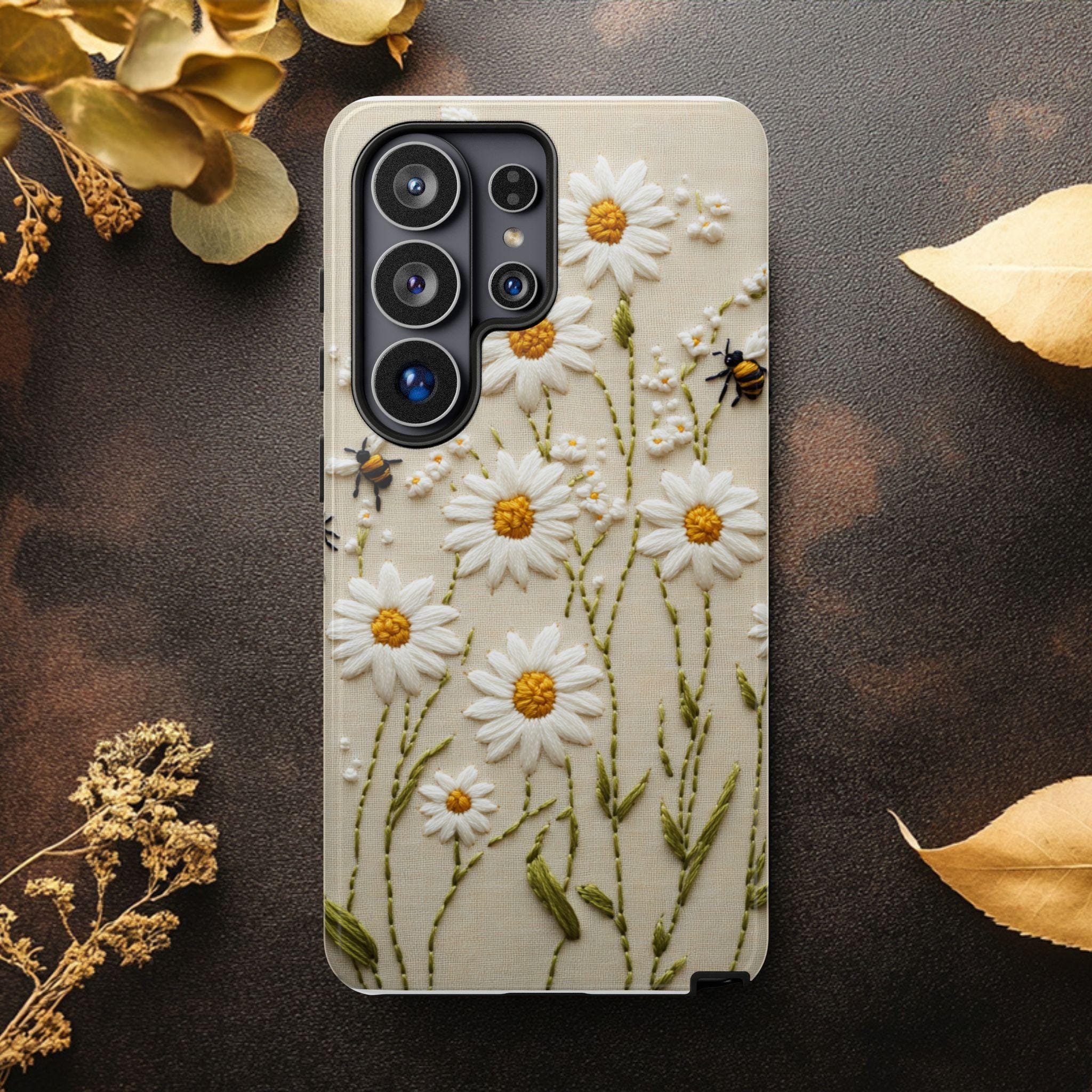 Daisies and Bees Embroider 3D Dual-layer Tough Phone Case Iphone