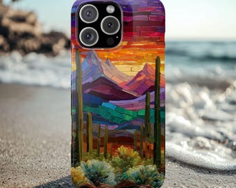 Desert Cactus Stained Glass scene  Snap Phone Cases Sleek slim design protective case, Matte and Glossy shell iPhone Samsung wireless