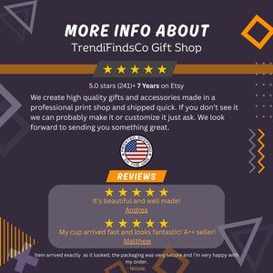 The image is a review of an Etsy shop called "TrendiFindsCo Gift Shop" that creates high-quality gifts and accessories. The review is written by Andrea and Matthew, who both rate the shop positively. The review highlights the shop's professional print shop service, the ability to ship quickly, and the satisfaction of receiving a well-made product. The review also mentions that the item arrived quickly and looks fantastic, and the packaging was secure and happy with their order.