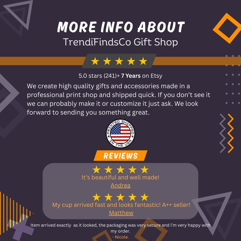 The image is a review of an Etsy shop called "TrendiFindsCo Gift Shop" that creates high-quality gifts and accessories. The review is written by Andrea and Matthew, who both rate the shop positively. The review highlights the shop's professional print shop service, the ability to ship quickly, and the satisfaction of receiving a well-made product. The review also mentions that the item arrived quickly and looks fantastic, and the packaging was secure and happy with their order.