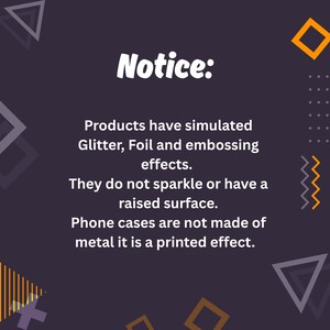 a notice about products that have simulated glitter, foil, and embossing effects. These products do not sparkle or have a raised surface, and phone cases are not made of metal. The text is written in a clear and straightforward manner, without any redundancy or vague wording.