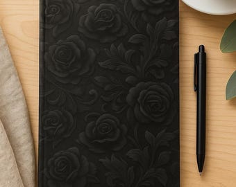 Black embossed rose journal, gothic floral notebook, dark aesthetic writing book, elegant gift for writers, witchy stationery