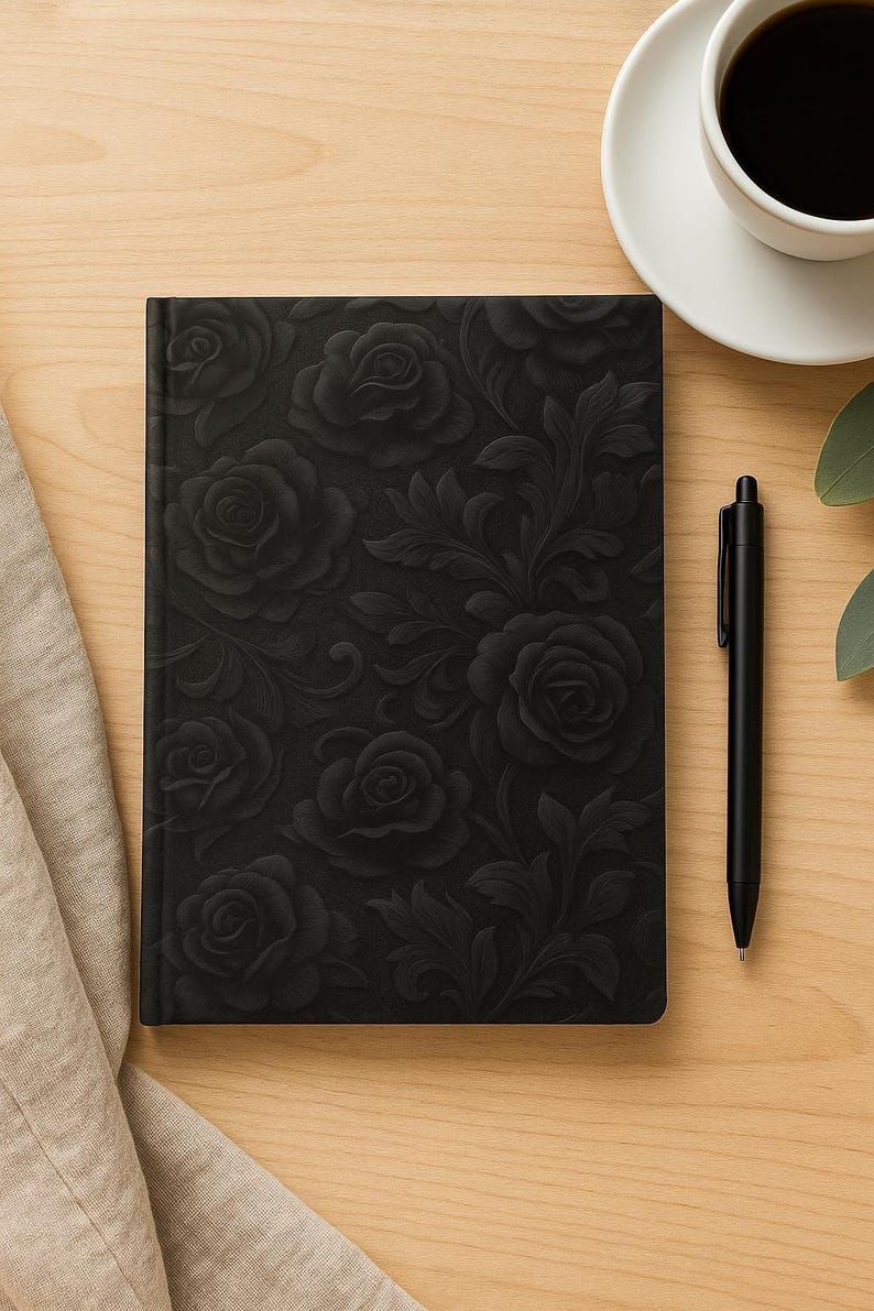 Journal rose en relief noir, cahier floral gothique, cahier d'écriture esthétique sombre, cadeau élégant pour écrivains, papeterie sorcière image 1