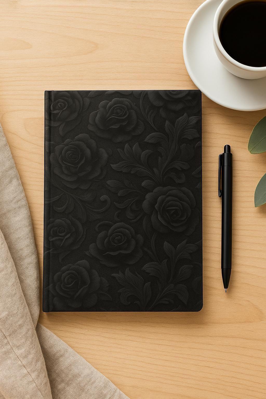 Black Embossed Rose Journal, Gothic Floral Notebook, Dark