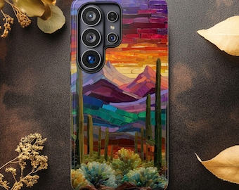 Desert Cactus Stained Glass scene  Dual-Layer tough Phone Case iPhone, Samsung & Pixel Cover | Matte Glossy Finish Unique Case