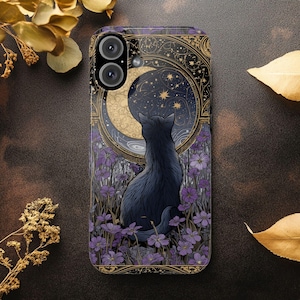 Celestial Cat Moon, kattenliefhebber, zwarte kat Telefoonhoesjes Slank, slank ontwerp beschermhoes, mat en glanzend omhulsel iPhone Samsung draadloos