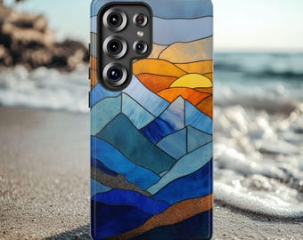 Dwuwarstwowe, wytrzymałe etui na telefon z mozaiką witrażową Mountain Sunrise na iPhone'a, Samsunga i Pixel | Matowe, błyszczące wykończenie, wyjątkowe etui