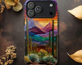 Desert Cactus Stained Glass scene  Dual-Layer tough Phone Case iPhone, Samsung & Pixel Cover | Matte Glossy Finish Unique Case