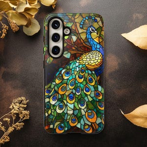 Peacock Stained Glass Mosaic Dual-Layer tough Phone Case iPhone, Samsung & Pixel Cover | Matte Glossy Finish Unique Case