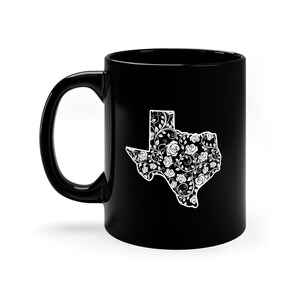 Mapa del estado de Texas en forma de flor de cactus Amantes del estado de Texas Flores negras Regalos para mamá papá él su taza de café de cerámica bebida de té taza de bebida