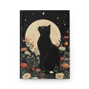 Quaderno con motivo a gatto nero e fiore di luna per gli amanti dei gatti, diario estetico da strega, regalo di Halloween, planner spettrale, diario con copertina rigida opaca