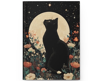 Carnet design chat noir lune fleur pour les amoureux des chats, journal esthétique sorcière, cadeau d'Halloween, agenda effrayant, journal à couverture rigide mat