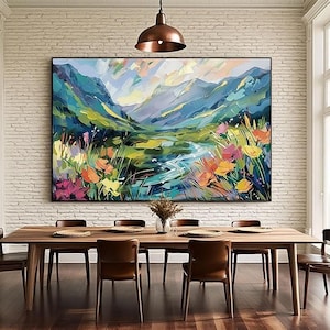 Vibrant Mountain Oil Painting on Canvas Original Abstract Texture Wall Art Green Wall Art Minimalist Landscape Wall Art Mountain Wall Art