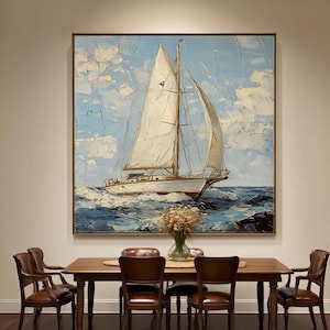 Schwere Textur Segelboote Wandkunst Abstrakte weiße Segelboote Malerei auf Leinwand 3D Palettenmesser Minimalistische Seelandschaft Ölgemälde Wohnkultur