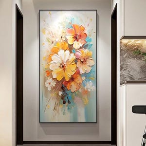 Framed Colorful Flower Textured Wall Art Blossom Green Floral 3D Wall Art Abstract Art Custom Calming Painting Gift For Her Chic Room Decor