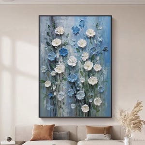Original Blooming Blue Flower Oil Painting on Canvas Large Floral Abstract Wall Art 3D Textured Flower Painting Wall Art Living Room Decor