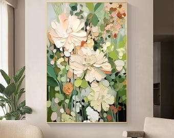 Original Green Flower Oil Painting on Canvas Large Wall Art Floral Abstract Art 3D Textured Flower Painting Boho Wall Art Living Room Decor