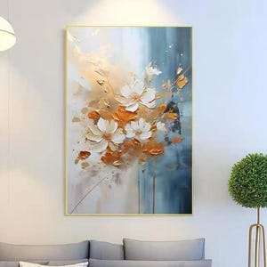 Handcrafted Orange and White Flower Oil Painting on Canvas Textured Abstract Framed Floral Wall Art Living Room Minimalist Flower Painting