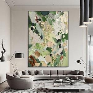 Original Green Flower Oil Painting on Canvas Large Wall Art Floral Abstract Art 3D Textured Flower Painting Boho Living Room Decor Wall Art