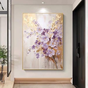 Blooming Purple Flower Oil Painting on Canvas Textured Abstract Framed Floral Wall Art Living Room Handcrafted Minimalist Flower Painting