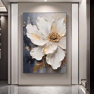 3D Original Blumen Gemälde auf Leinwand Cremige Strukturierte Abstrakte Blumenwand Kunst Wohnzimmer Gerahmt Blumenmalerei Haus Kunst