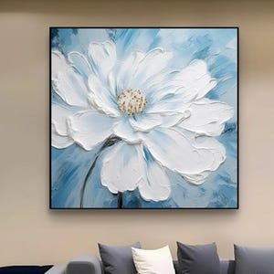 Blue Original Flower Oil Painting On Canvas Large Blue Wall Art Abstract Floral Painting 3D Blue Flower Textured Wall Art Living Room Decor