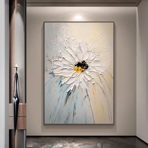 Minimalist Blooming White Flower Oil Painting on Canvas Textured Abstract White Floral Living Room Wall Art Handcrafted Flower Painting