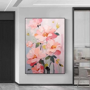 Original Blooming Pink Flower Oil Painting on Canvas Large Floral Abstract Wall Art 3D Textured Flower Painting Wall Art Living Room Decor