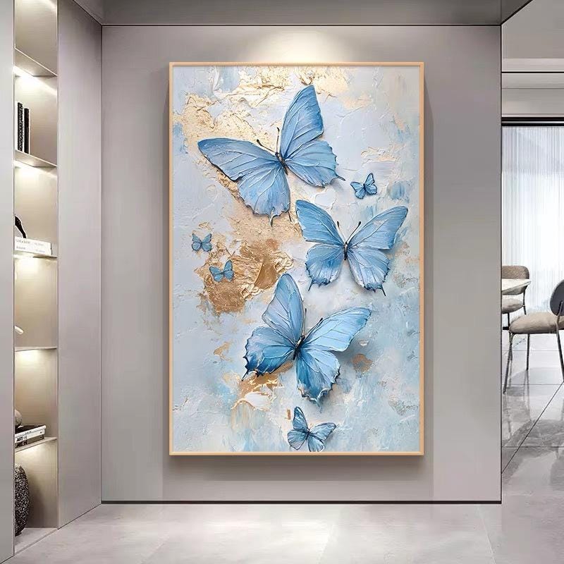 Minimalist Blue Butterfly Oil Painting on Canvas Original Heavy Textured Abstract Wall Art Living Room  Large Modern Butterfly Painting
