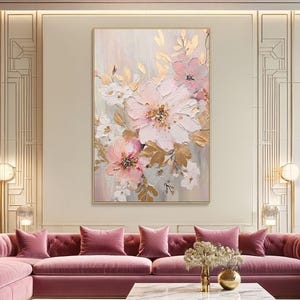 Blooming Pink Flower Oil Painting on Canvas Textured Abstract Framed Floral Wall Art Bedroom Living Room Handcrafted Textured Wall Decor