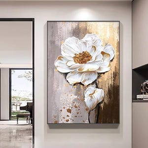 Minimalist Blooming White Flower Oil Painting on Canvas Textured Abstract White Floral Living Room Wall Art Handcrafted Flower Painting