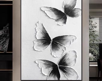 Minimalist White Butterfly With White Background Painting on Canvas Original Heavy Textured Abstract Wall Art Living Room Butterfly Painting