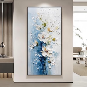 3D Original Textured White Blooming Flower Painting on Canvas Modern Abstract Flower Painting Living Room Wall Art Impasto Abstract Painting