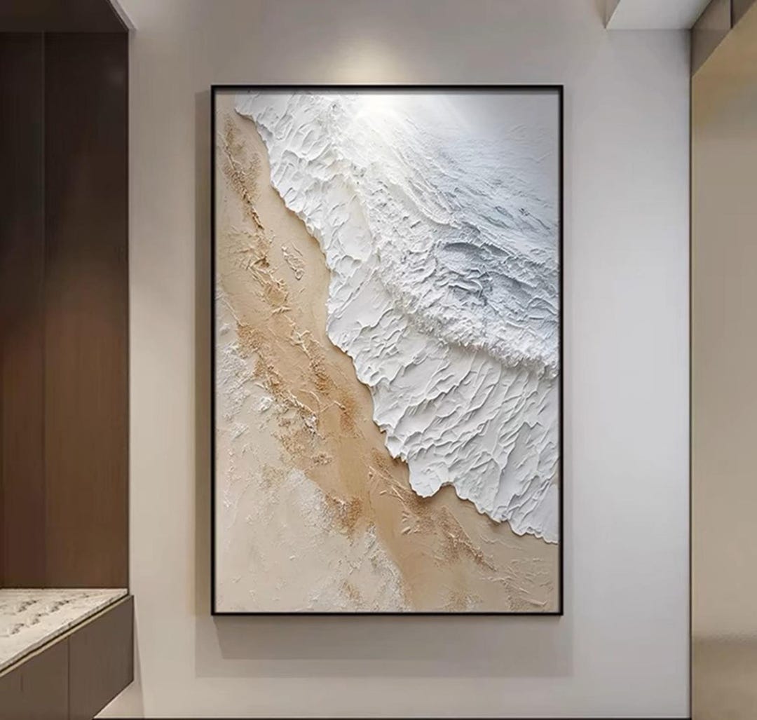 3D White Minimalist Beach Painting Textured Wall Art Ocean Wave ...