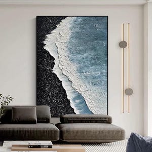 Abstract Minimalist Beach Oil Painting Textured on Canvas,Original Blue Textured Wall Art,Custom Ocean Wave Painting,Living Room Wall Decor