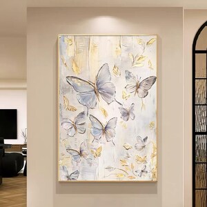 Dipinto a olio astratto di farfalle colorate su tela, decorazione murale con farfalle dalla consistenza pesante, decorazione per la casa con farfalle volanti dipinte a mano, arte con farfalle