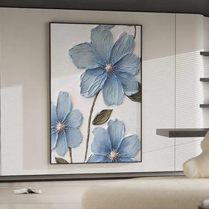 Handcrafted Blue Flower Oil Painting on Canvas Creamy Textured Abstract Framed Floral Wall Art Living Room Custom Minimalist Flower Painting
