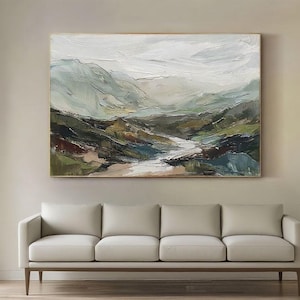 Original Mountain Oil Painting on Canvas 3d Green Wall Art Minimalist Landscape Oil Painting Abstract Texture Green Wall Art Large Wall Art