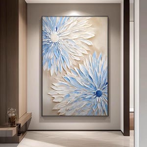3D Original Blue Flower Painting on Canvas Creamy Textured Wall Art Abstract Floral Art Living Room Wall Art Framed Flower Painting Home Art
