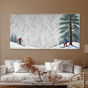 Original 3D Skiing Sport Art Panting on Canvas Abstract Skiing Oil Painting Winter Sports Wall Decor Skiers White Snowy Sports Painting