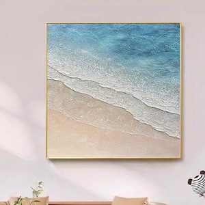 Original Framed Blue Ocean Painting on Canvas,Heavy Textured Beach Painting Fashion Wall Decor Living Room Wall Art Custom Canvas Wall Art
