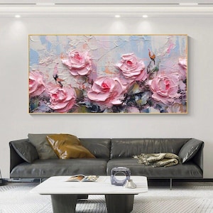 Large Original Rose Flower Oil Painting On Canvas Abstract Pink Floral Wall Art Boho Wall Decor Custom Painting Living Room Wall Decor