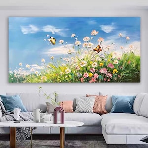 Arte mural floral original de primavera, colorido, texturizado en 3D, con espátula, pintura al óleo, arte mural floral, pintura de paisaje, decoración para sala de estar.