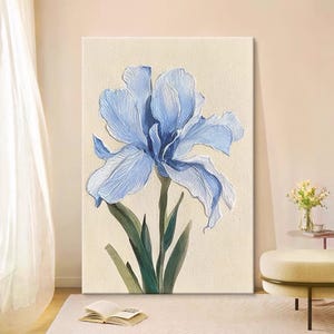 Minimalist Blue Flower Oil Painting on Canvas Creamy Textured Abstract Framed Floral Wall Art Living Room Custom Handcrafted Flower Painting
