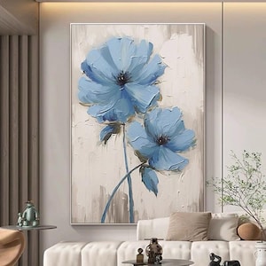 3D Original Blue Flower Painting on Canvas Creamy Textured Wall Art Textured Abstract Floral Art Living Room Framed Flower Painting Home Art