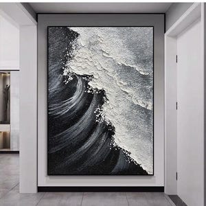 Minimalist White Waves with Black Beach Painting on Canvas,Textured Wall Art Ocean Wave Painting,Living Room Decor,Heavy Texture Acrylic Art